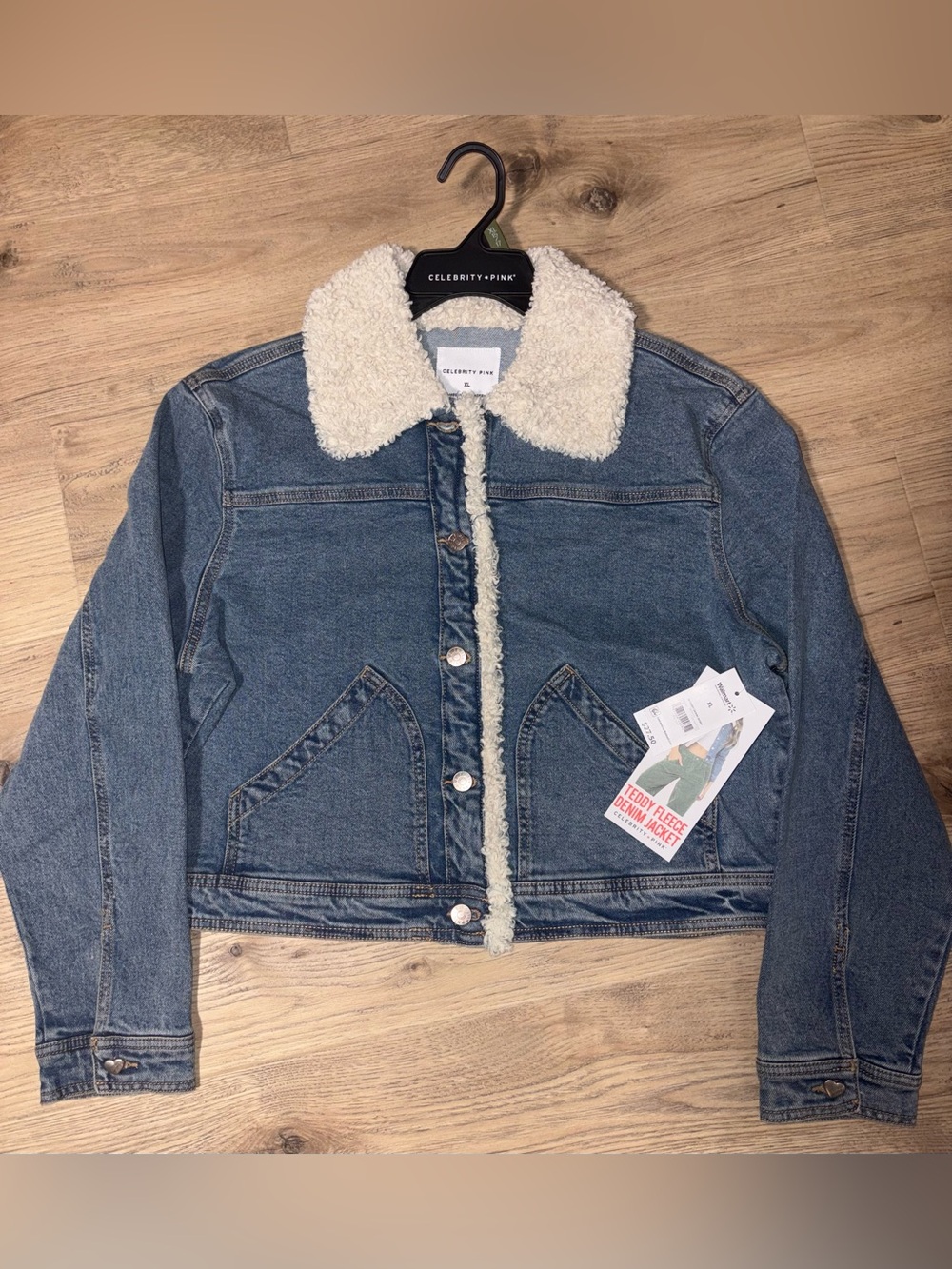 Celebrity Pink Teddy Fleece Denim Jacket Sherpa Collar XL NWT